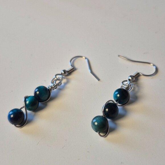 Wire-Wrapped Blue Tiger's Eye Dangle Earrings | Handmade - Picture 1 of 6